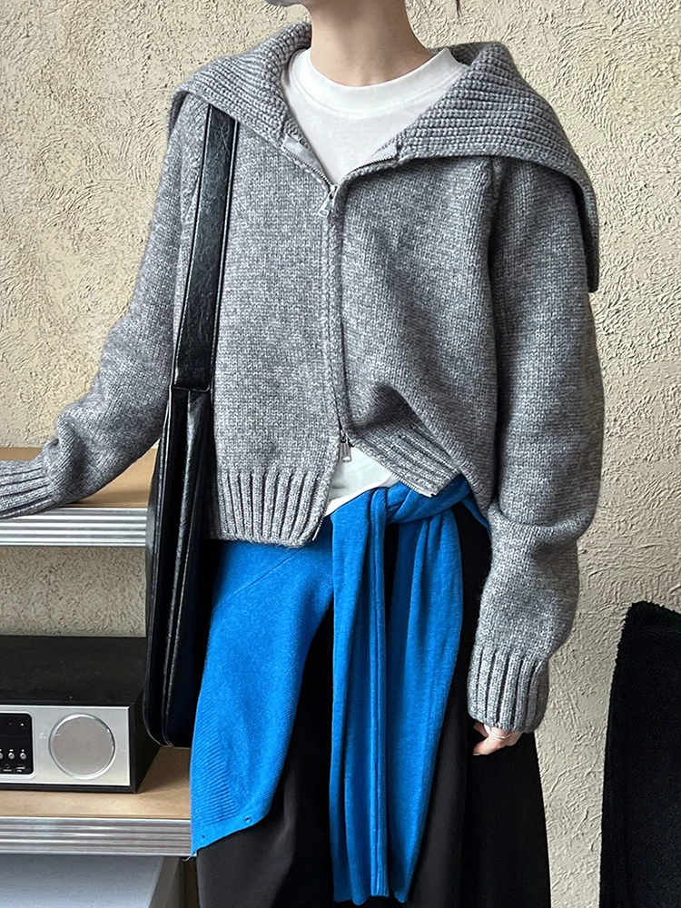 [EAM] Gray Zipper Big Size Casual Knitting Cardigan Sweater Lapel Long Sleeve Women New Fashion Tide Spring Autumn 2024 1DH7798