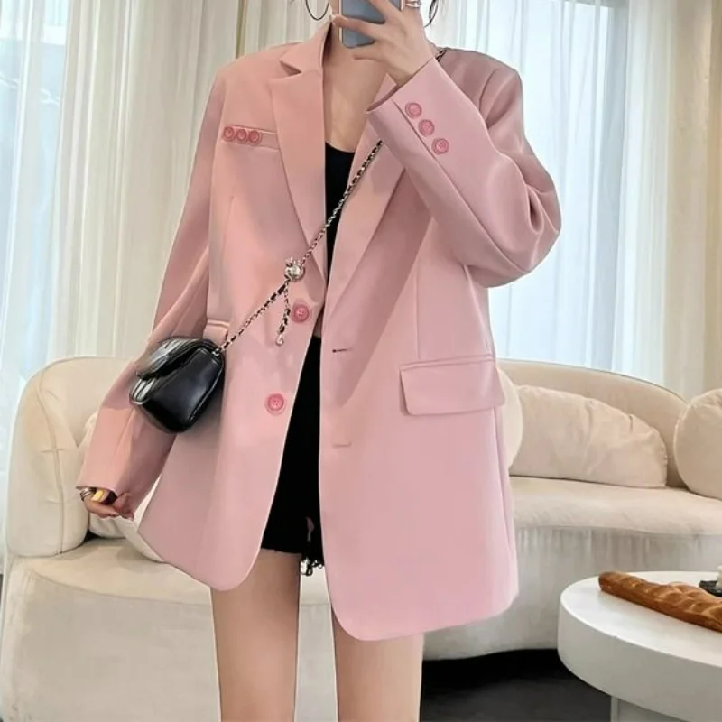 

V Neck Solid Color Long Sleeve Tailored Coat Single-breasted Loose Casual Jaquetas Autumn Korean Fashion All-match Pink Jacket