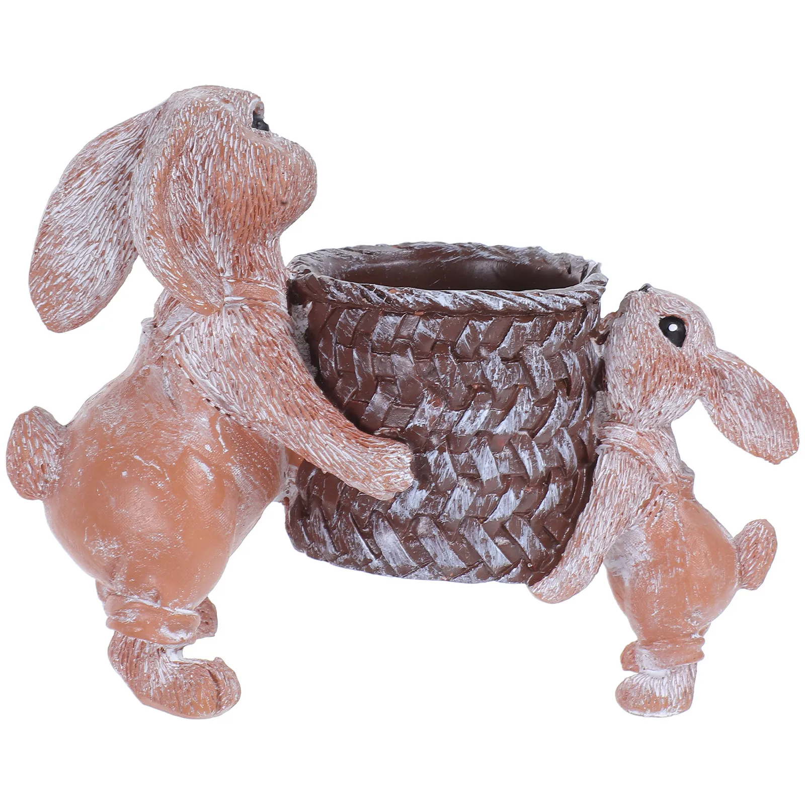 Cute Rabbit Desk Organizer Resin Easter Bunny Pen Holder with Bamboo Basket for Pens Pencils Brushes Creative Stationery Supply