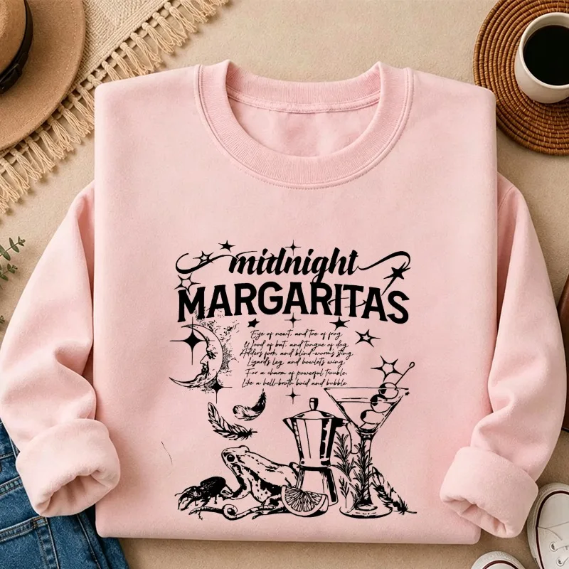 Midnight Margaritas Witch Cocktail Magic Moon Star Vintage Sketch Print Sweatshirt  Casual Pullover Halloween Graphic Sweatshirt