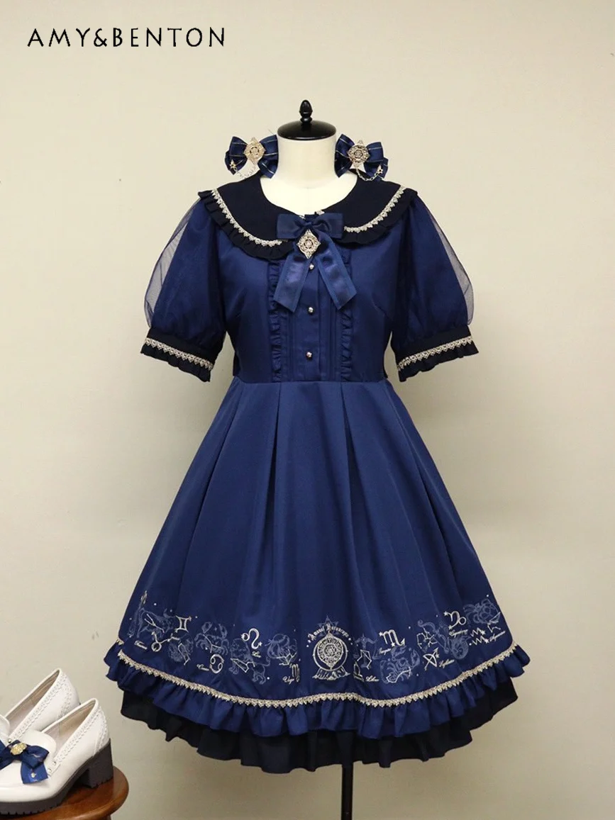 

Japanese Constellation Series Lolita Dresses Sweet Doll Collar Bow Short Sleeve Slim Dress for Women Preppy Style Mini Dress