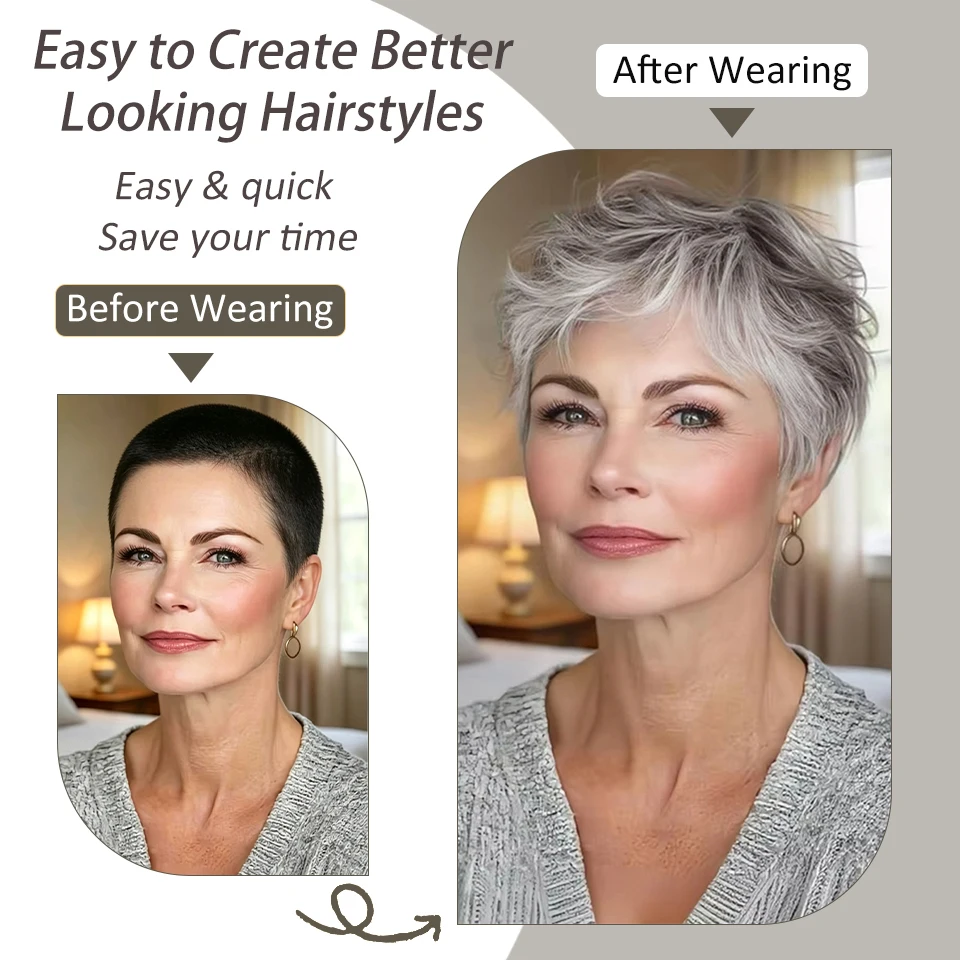 Pixie Cut Wigs Short Wigs with Bangs Soft Mommy Hair Short Grey Ombre Curly Synthetic Wig for Daily Party Halloween Christmas