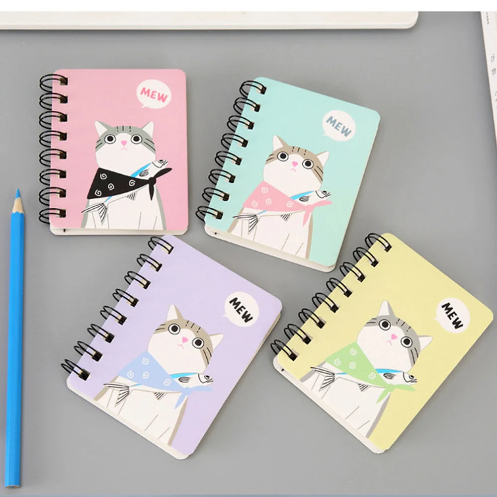 A7 Mini Spiral Notebook Cartoon Cat Notepad Kawaii Personal Diary Planner Horizontal Line Notebook School Office Supply 80Sheets