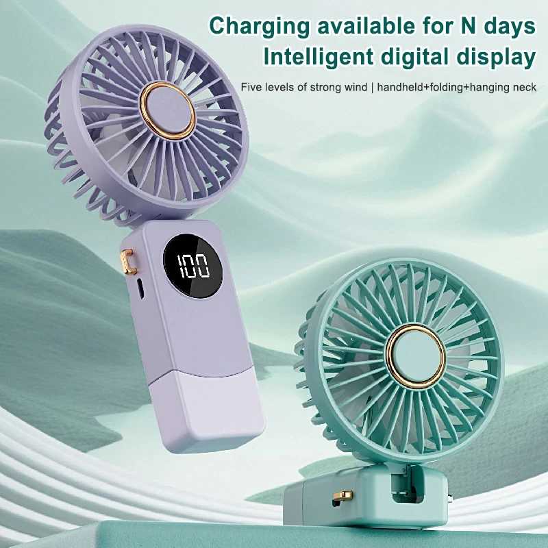Electric Mini Fan USB Charging Quiet Handheld Desktop Foldable Fan Strong Wind 5 Speeds Adjustable Home Office School