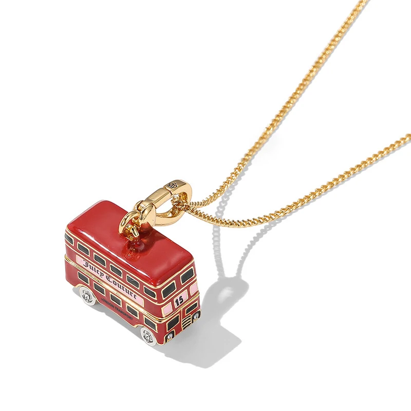 Ins Trendy Enamel Black Puppy Openable Red Bus Letter Car Pendant Necklace for Women Men Cool Unique Party Jewelry Gift