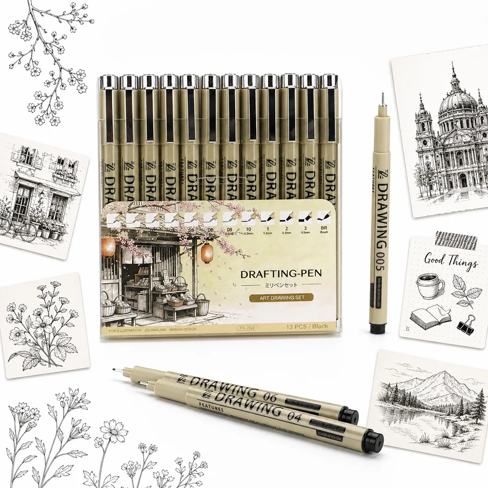 

12 Pcs Fineliner Drawing Pen Set 0.05mm-3mm Waterproof Drafting Pens Manga Sketching Illustration School Art Stationery Supplies