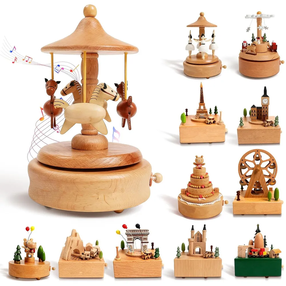 Caja de música de carrusel de madera, adornos giratorios, caja de música con manivela, hecha a mano, regalo de cumpleaños, Navidad, decoración del hogar |