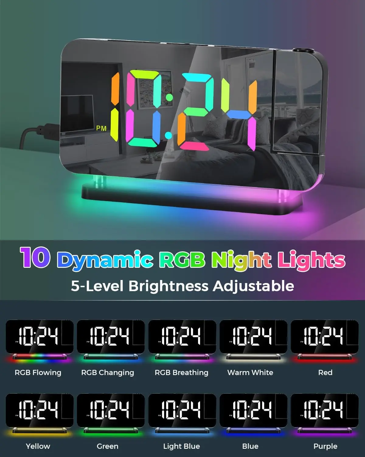 RGB Projection Alarm Clock Digital Mirror Clock with 180° Rotatable Projector RGB Night Light Auto Dimmer LED Desk Bedside Clock