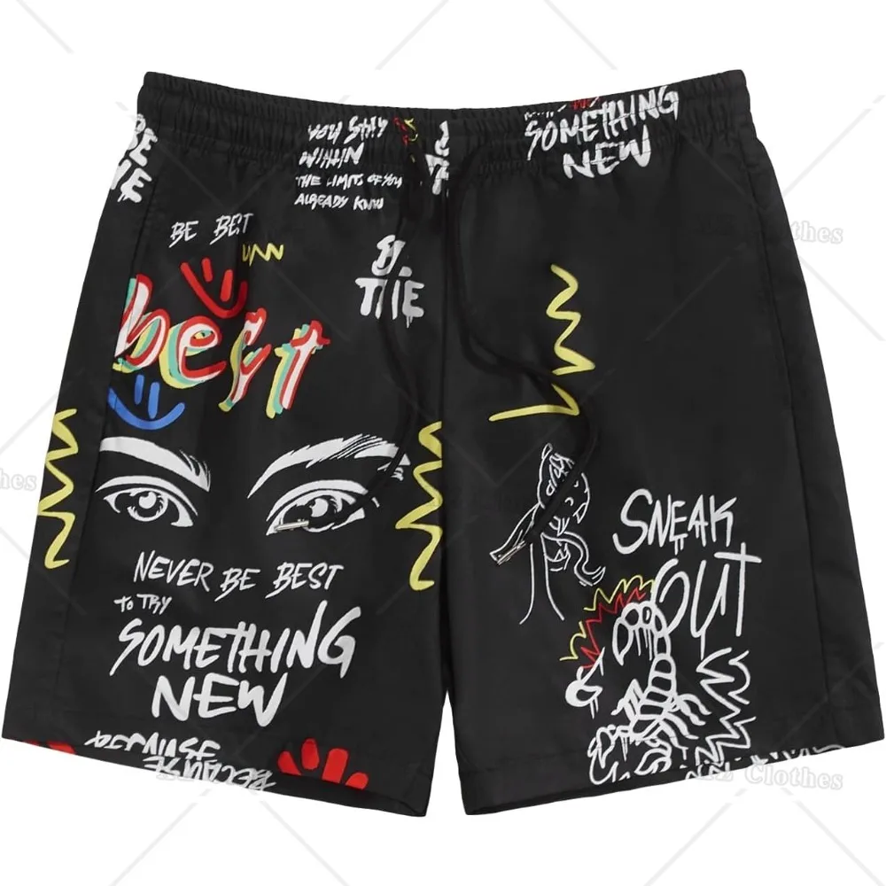 Men‘s Random Graffiti Black Beach Shorts Graphic Print Elastic Drawstring Waisted Casual Summer Shorts for Gym Workout Athletic