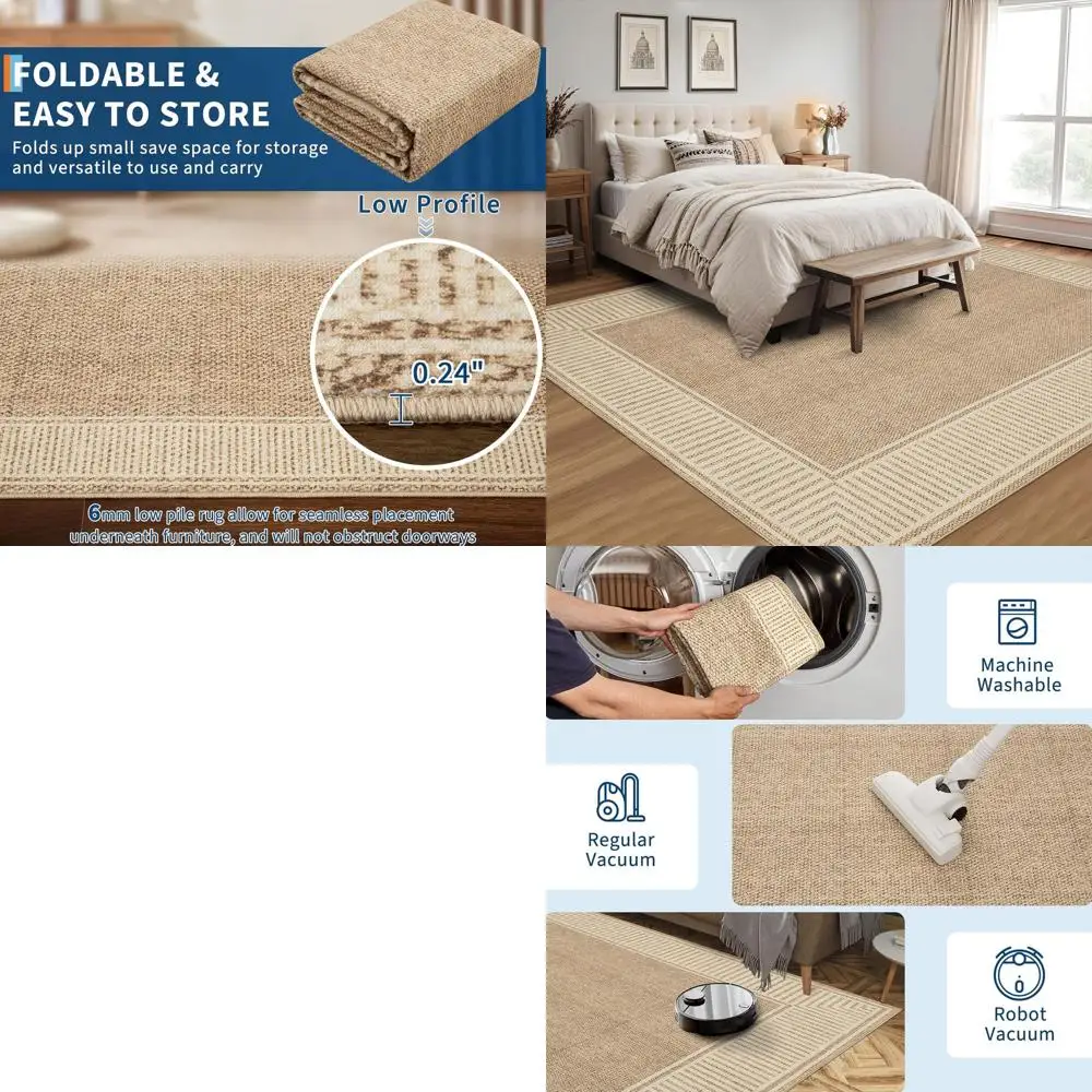 

Khaki 5x7 Washable Striped Area Rug with Rubber Backing for Modern Living Spaces