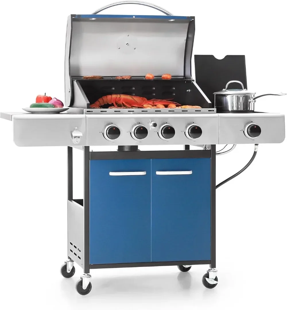 4-Burner Propane Gas BBQ Grill with Side Burner & Porcelain-Enameled Cast Iron Grates, 42,000 BTU Output Barbeque Grill for