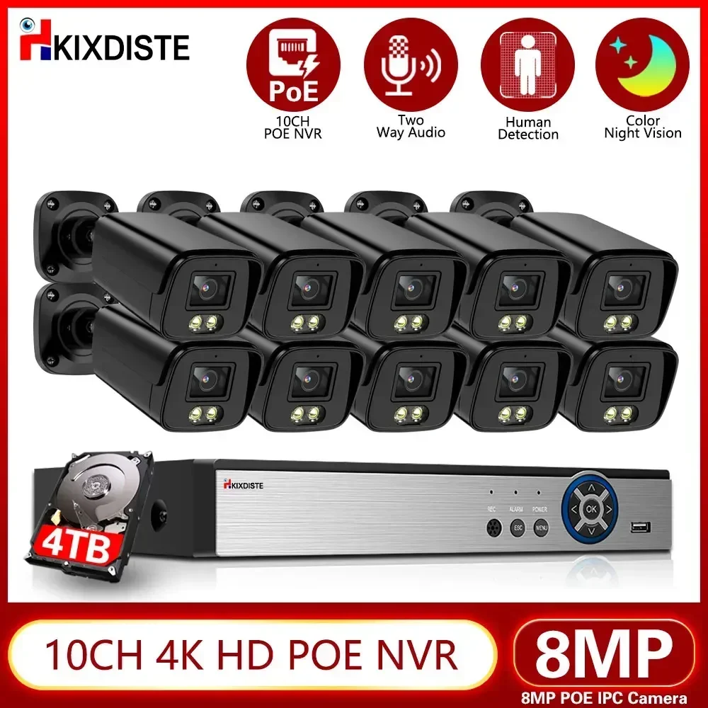 

CCTV Smart Home Security POE IP Cameras 10CH POE System 8MP 4K Two-Way Audio CCTV Record Surveillance Kit Color Night Vision