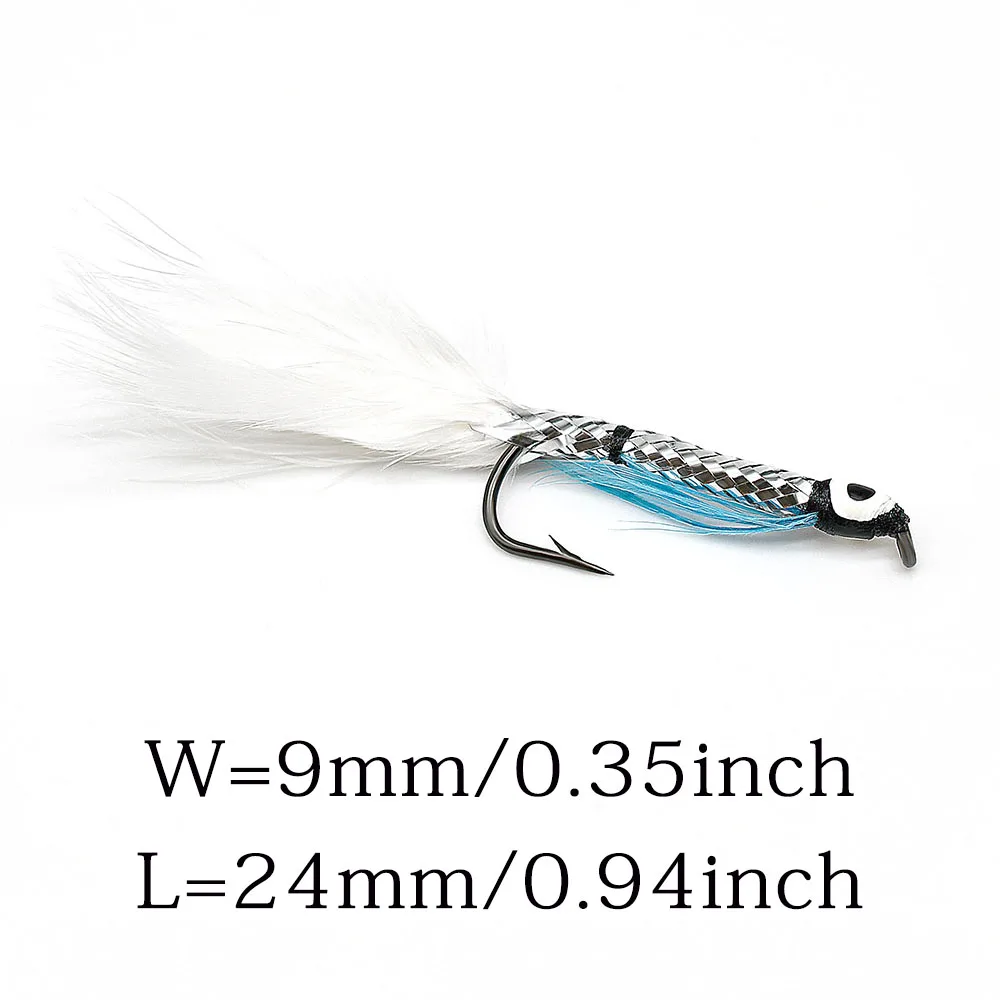 MNFT 10PCS 4# Ghost Tail Fin Silver Body Streamer Minnow Fly Fishing Blue Black & White Fishing Flies