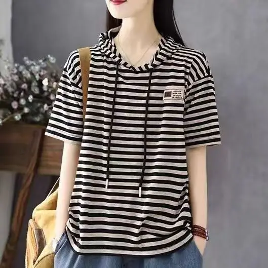 

High-End plus Size Women's Striped Hoodie T-Shirt Short Sleeve Base Shirt Artistic Commute Style Regular Fit Summer New Arrival