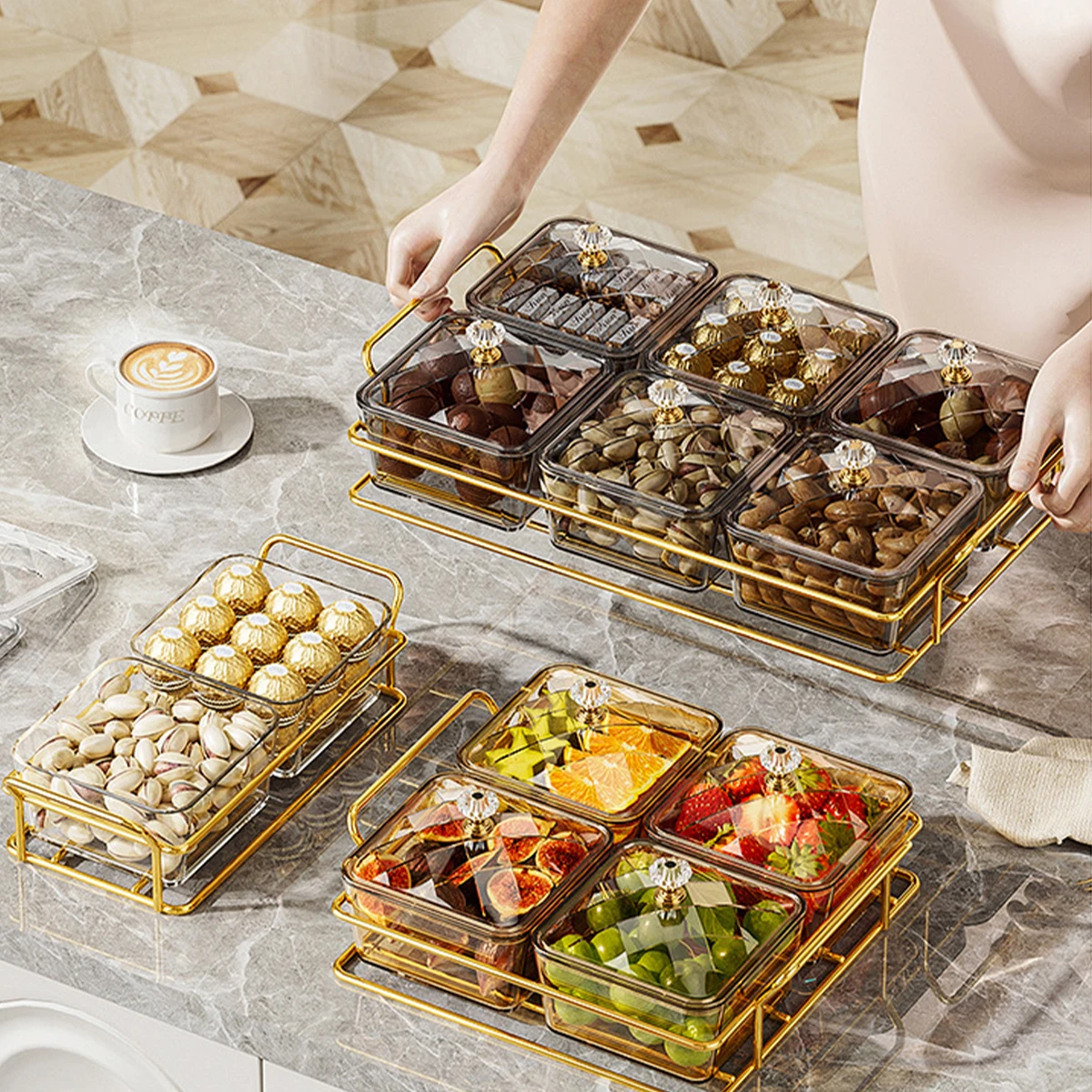 2/4/6 Grids Nut & Candy Storage Box Transparent Dried Fruit Plate Dessert Tray Space-Saving Snack Tray for Wedding New Year