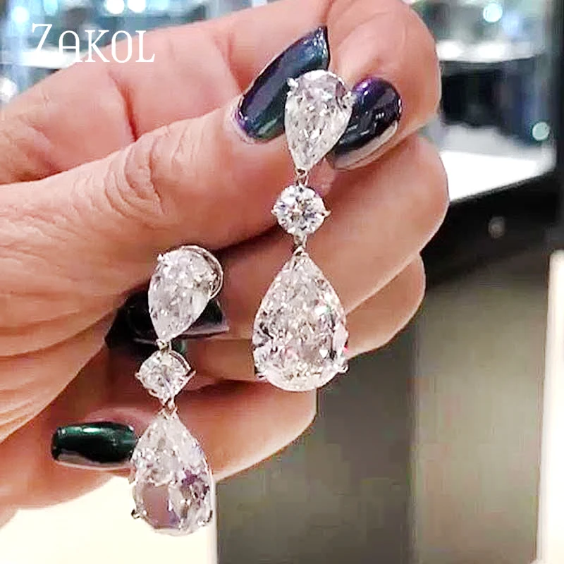 ZAKOL Shinny Zircon Teardrop Dangle Earring dla kobiet Moda Kolczyki ślubne w kolorze białego złota Biżuteria ślubna