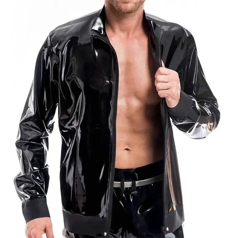 

Latex Men Jacket T-shirt Front Zip Tank Tops Rubber T-shirt Male Fetish Clothing