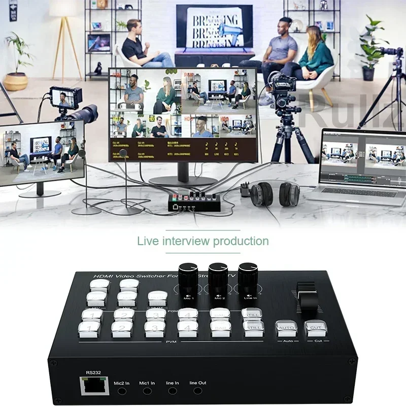 4K 4 Way HDMI Live Stream Switcher 4 in 2 Out Audio Mixer Real Time Multi Camera Live Streaming Support Line in Out Mic PIP OBS