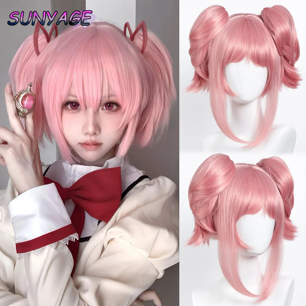 SUNYAGE Puella Magi Madoka Magica Madoka Kaname Cosplay Wig Pink Pendek 2 Klip Ekor Kuda Sintetis Tahan Panas Rambut Wig