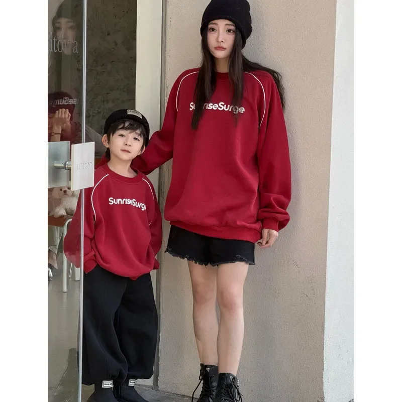 Winter Family Thick Sweatshirts Mother Father and Daughter Son Same Warm Red Clothing Korean Parent-child Matching Clothes Tops