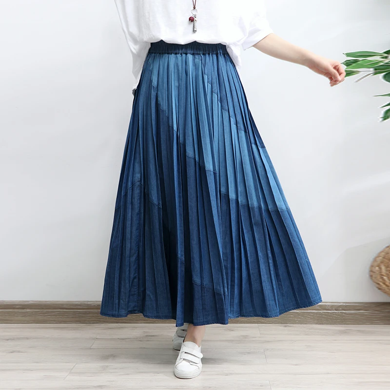 

TIYIHAILEY 2024 New Long Maxi A-line Skirt Women Elastic Waist Spring Autumn Denim Jeans Vintage Pleated Patchwork Skirts