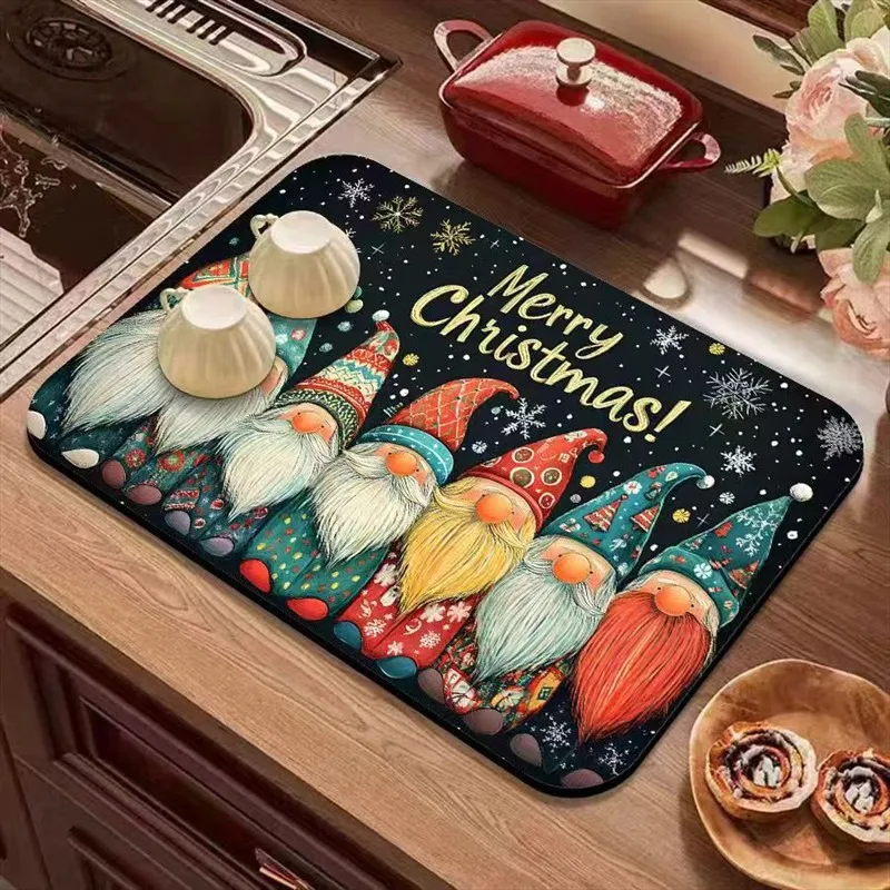 VIKAMA Diatomite Drying Mat, Super Absorbent Fast Drying Non-Slip Kitchen Counter Christmas Gnome Snowflake Pine