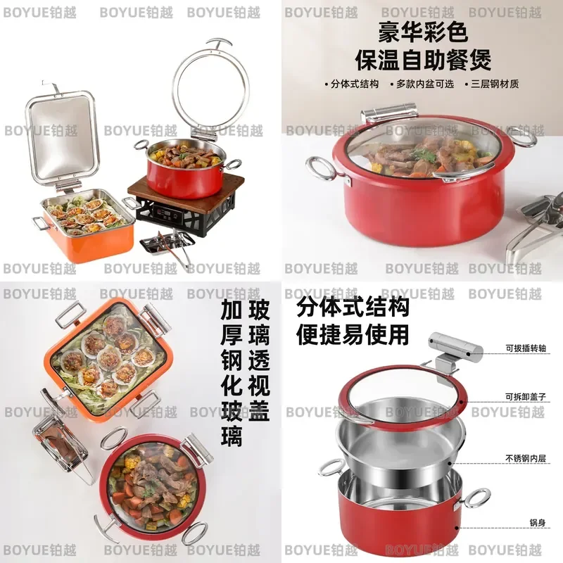 Commercial Buffet Warmer 304 Stainless Steel Food Display Case with Hydraulic Glass Lid Three Layer Insulation for Hotel