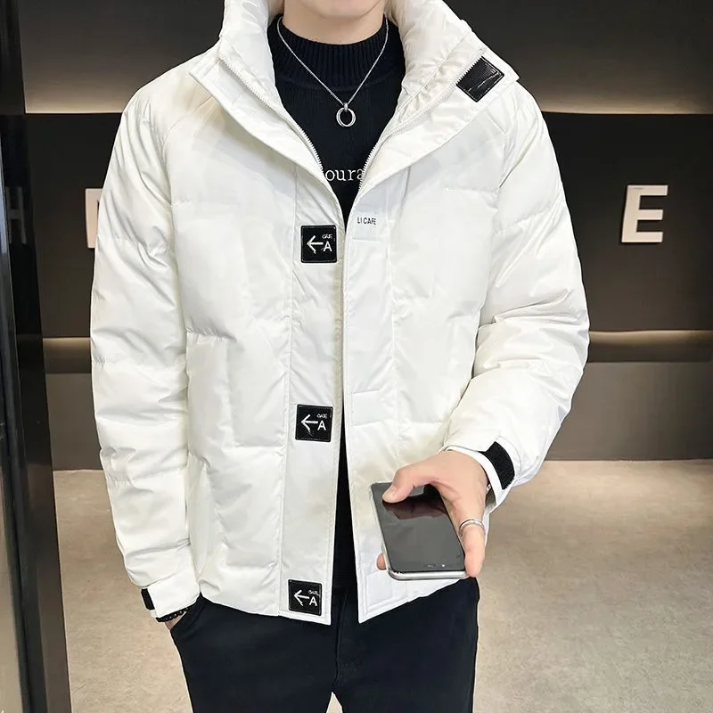 

Мужская модная утолщенная теплая короткая верхняя одежда с воротником-стойкой, новая зимняя мужская пуховая куртка, модное однотонное пальто большого размера