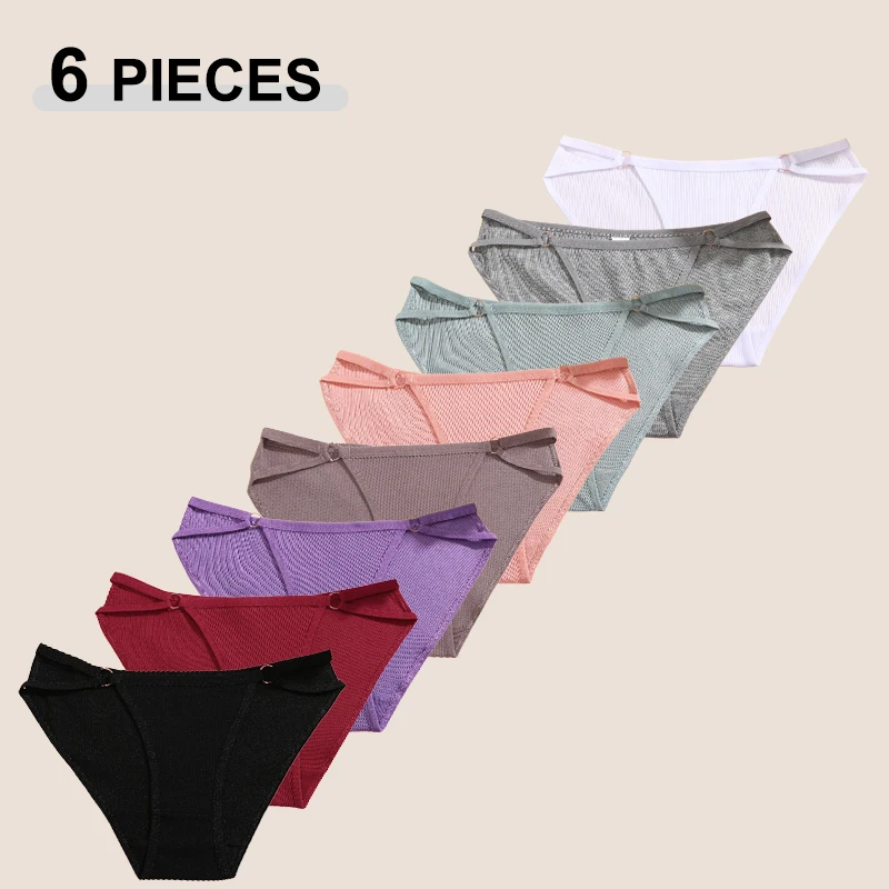 6Pcs/Set Seamless Cotton Panties Women Thread Round Button Side Double Belt Underpants Solid Color Cozy Briefs Female Lingerie