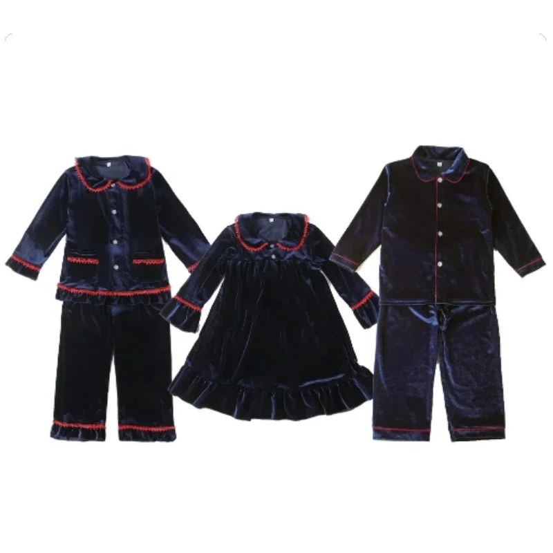 Boutique baby boy and girl pajamas kids navy velvet family matching Christmas pyjamas sets