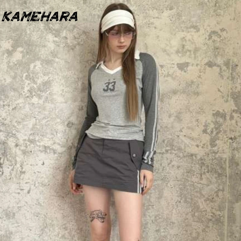KAMEHARA تي شيرت رياضي عتيق للسيدات Y2k أنيق رمادي كوكيت علوي نمط Preppy Blokecore ريترو كم طويل تي شيرت جمالي
