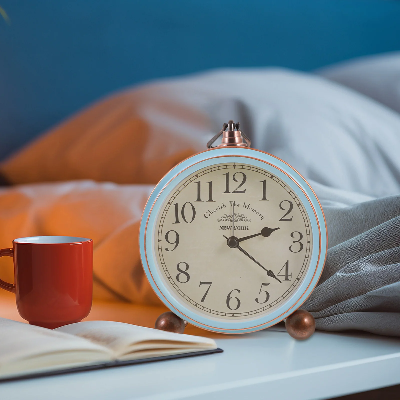 

1pc Retro Desk Alarm Clock Creative Vintage Metal Table Clock For Home Decor Blue No Needed Bedside Timepiece