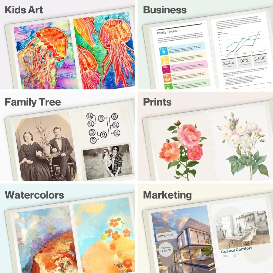 كتاب عرض 9 × 12 باللون الأسود مع مجلد 24 جيب وأكمام بلاستيكية شفافة لعرض 48 صفحة من 9 × 12 أو مستندات A4