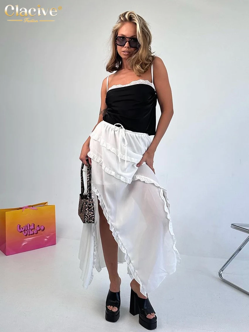 Clacive Fashion Loose White Women Skirt 2025 Elegant High Waist Slit Ankle Length Skirts Streetwear Ruffle Skirt Female Clothing