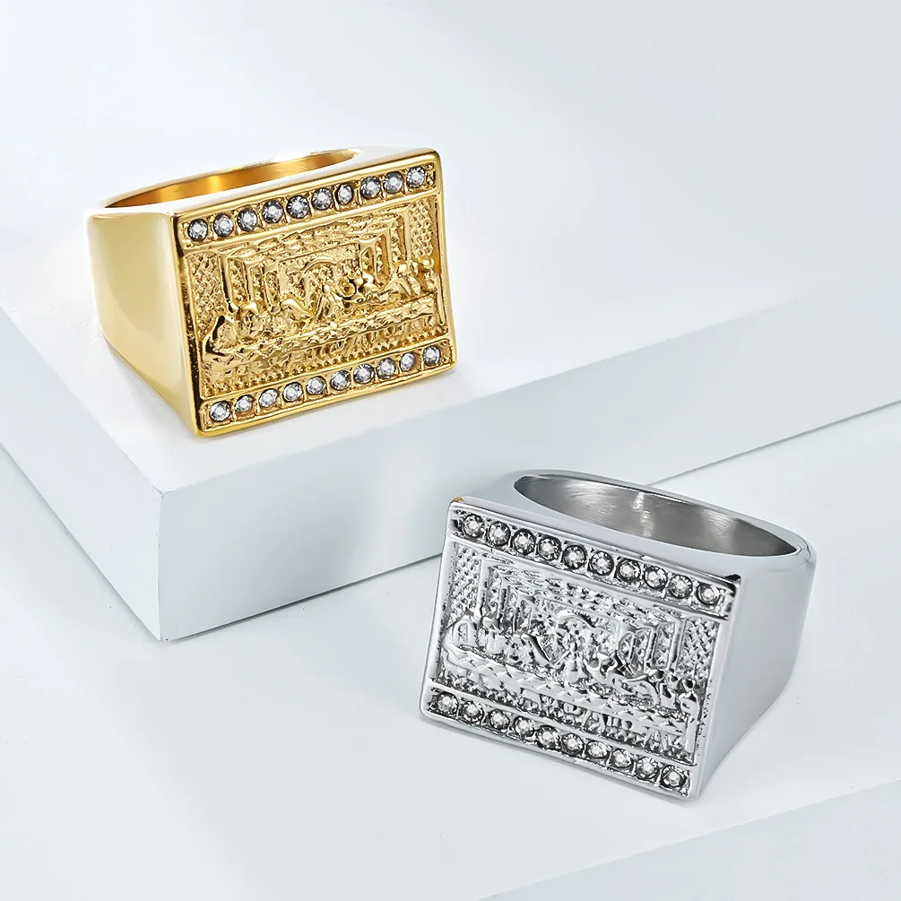Quadratische Geometrie Zirkon Ringe Edelstahl Kunst Retro Männliche Persönlichkeit Hip Hop Mode Ring Schmuck – Detail 2