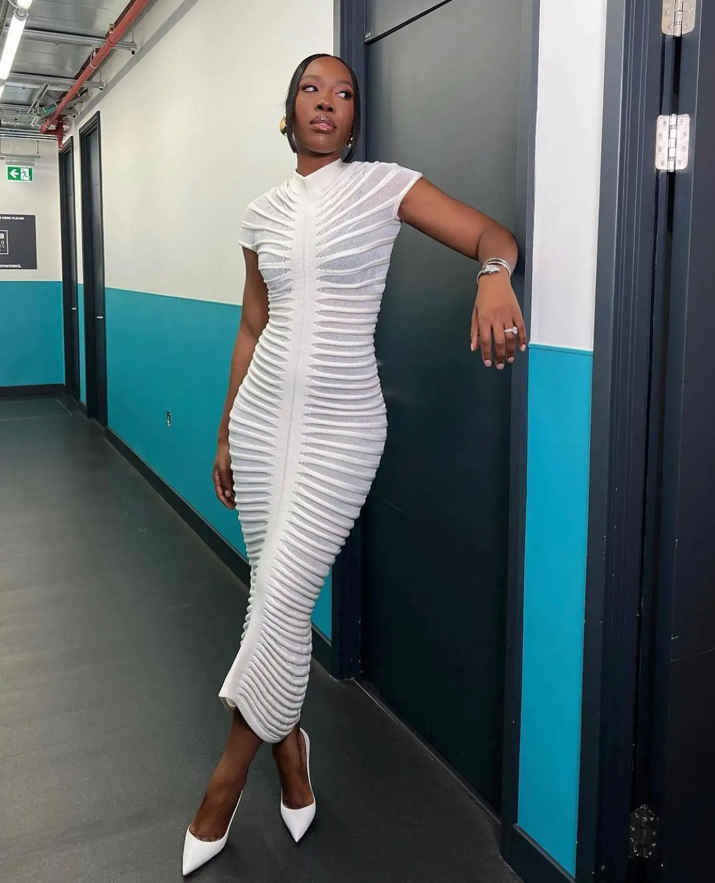 

Spring Summer Women Fashion See Through Striped Knitted High Waist Bodycon Maxi Dress Lady Elegant Club Party Evening Dresses