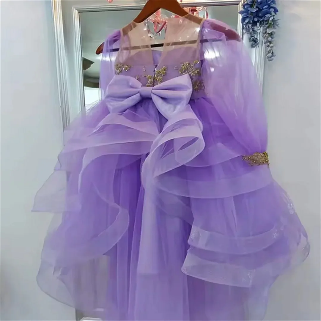 فستان فتاة الزهور الخزامى المخصص لحفلات الزفاف مزين بالدانتيل مع فيونكة الأميرة أول مناولة لحفلات أعياد الميلاد #2