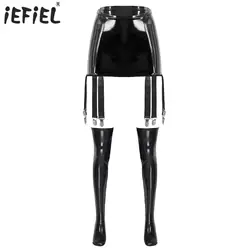 Womens Cosplay Clubwear Costume Wet Look Patent Leather High Waist Six Clips Garter Belt with 1 Pair Footed Thigh High Stockings