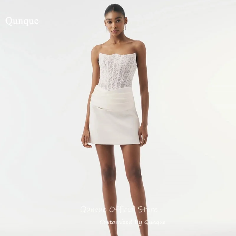 Qunque Sleeveless Ruched Wedding Dress Back Zipper Lace Appliques Homecoming Dresses Above Knee Vestido De Novia Boda Customized