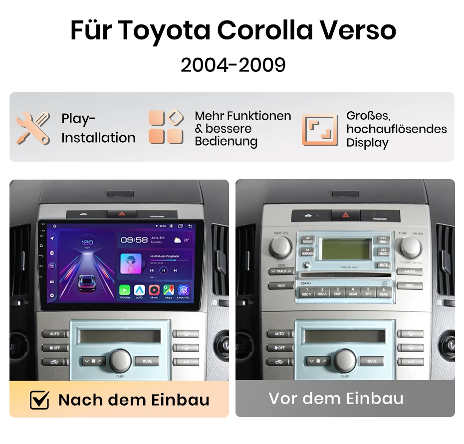 Junsun 9-Zoll Android 15 Autoradio für Toyota Corolla Verso 2004-2009, kabelloses Apple CarPlay, Auto-IPS-Touchscreen, Stereo-Multimedia-Videoplayer, intelligente Fahrzeugsysteme, 2-DIN-Autoradio-Haupteinheit, GPS-Navigation, BT, 4G, WLAN, FM, DSP, RDS, SWC, DAB+ – Detail 3