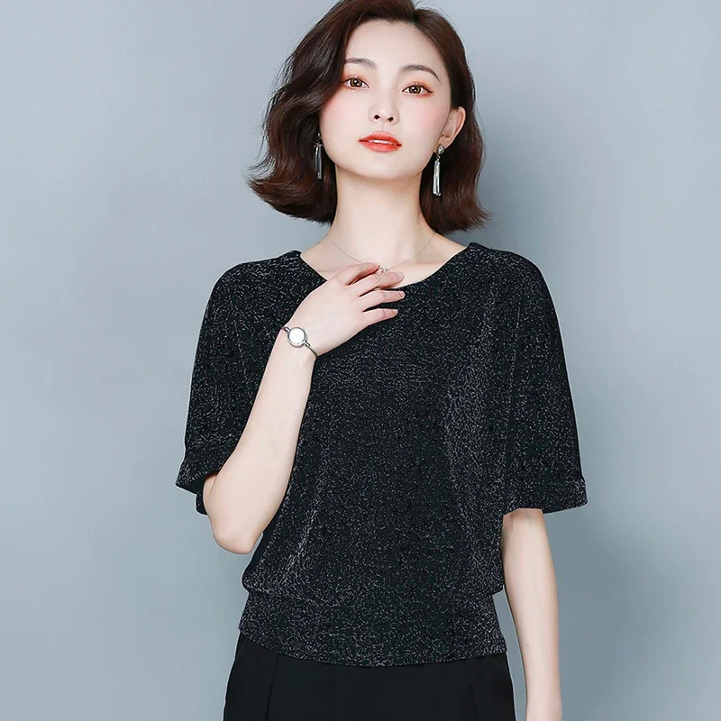 New Summer Women Shirts Fashion 2024 Women\'s Elegant Shine Glitter Tops Short Sleeve Blouse Shiny Sequin Casual Clothes 9197