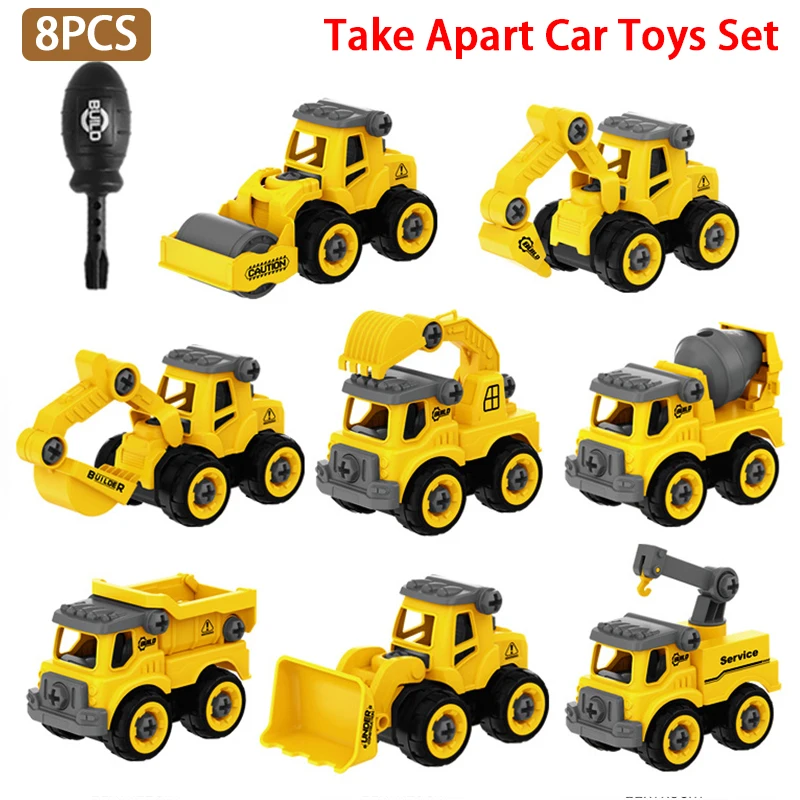 8PCS Take Apart Car Toys Set DIY Engineering Construction Truck Educational Toy Screw Build and Take Apart Great for Kids Boys