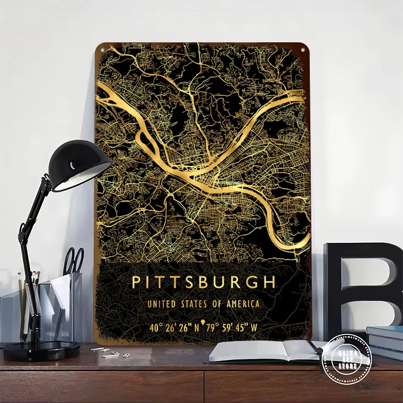 PITTSBURGH MAP USA 3D Printed Texture Poster Personalized Wall Art Retro Metal Tin Signs for Living Room Decorations Desk Decor