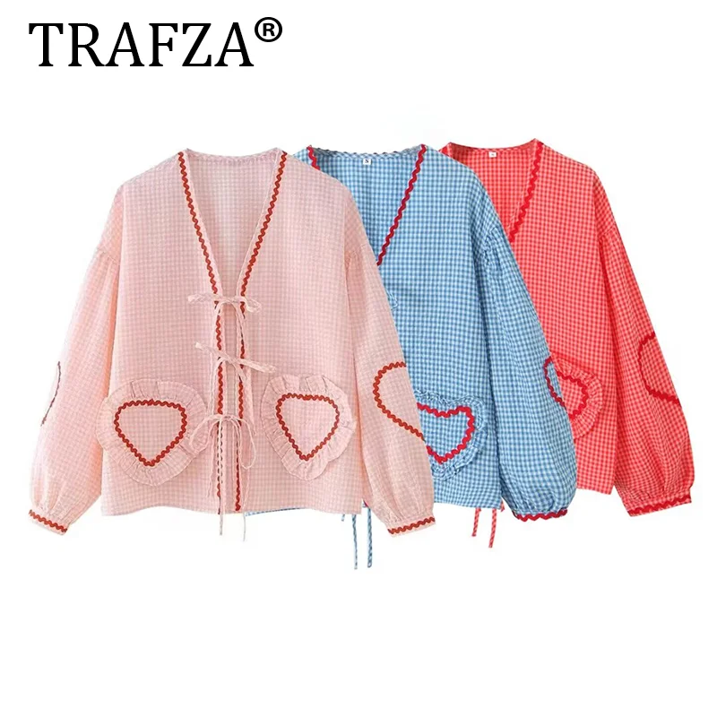 

TRAFZA 2024 Spring Summer Casual Women Shirts Fashion Streetwear Chic Heart Plaid Lace-up V Neck Puff Sleeve Loose Shirts