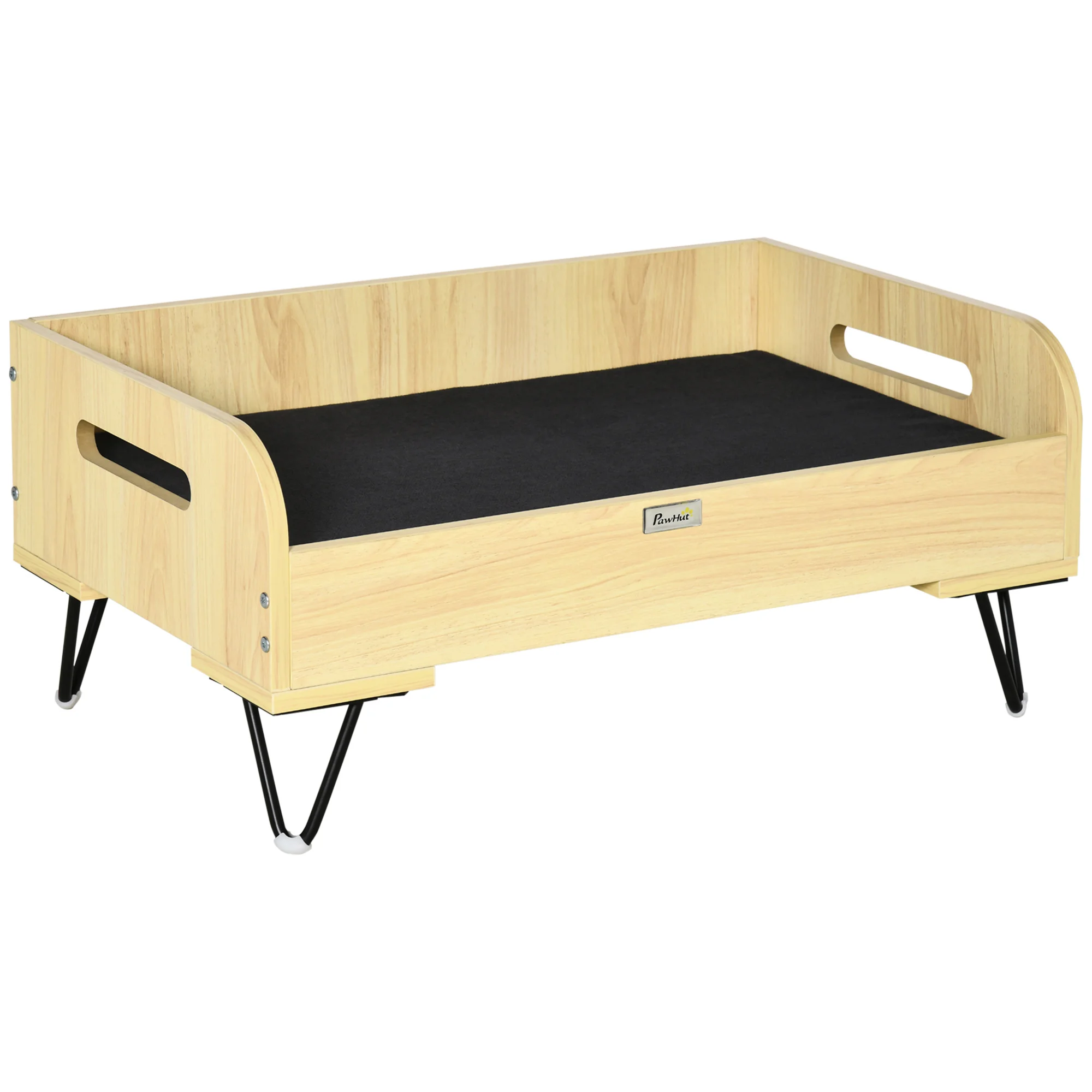 PawHut Sofá de Madera para Perros Gatos Cama Cesta con Cojín Acolchado Asas y Patas de Acero 70x45x32 cm Roble y Negro