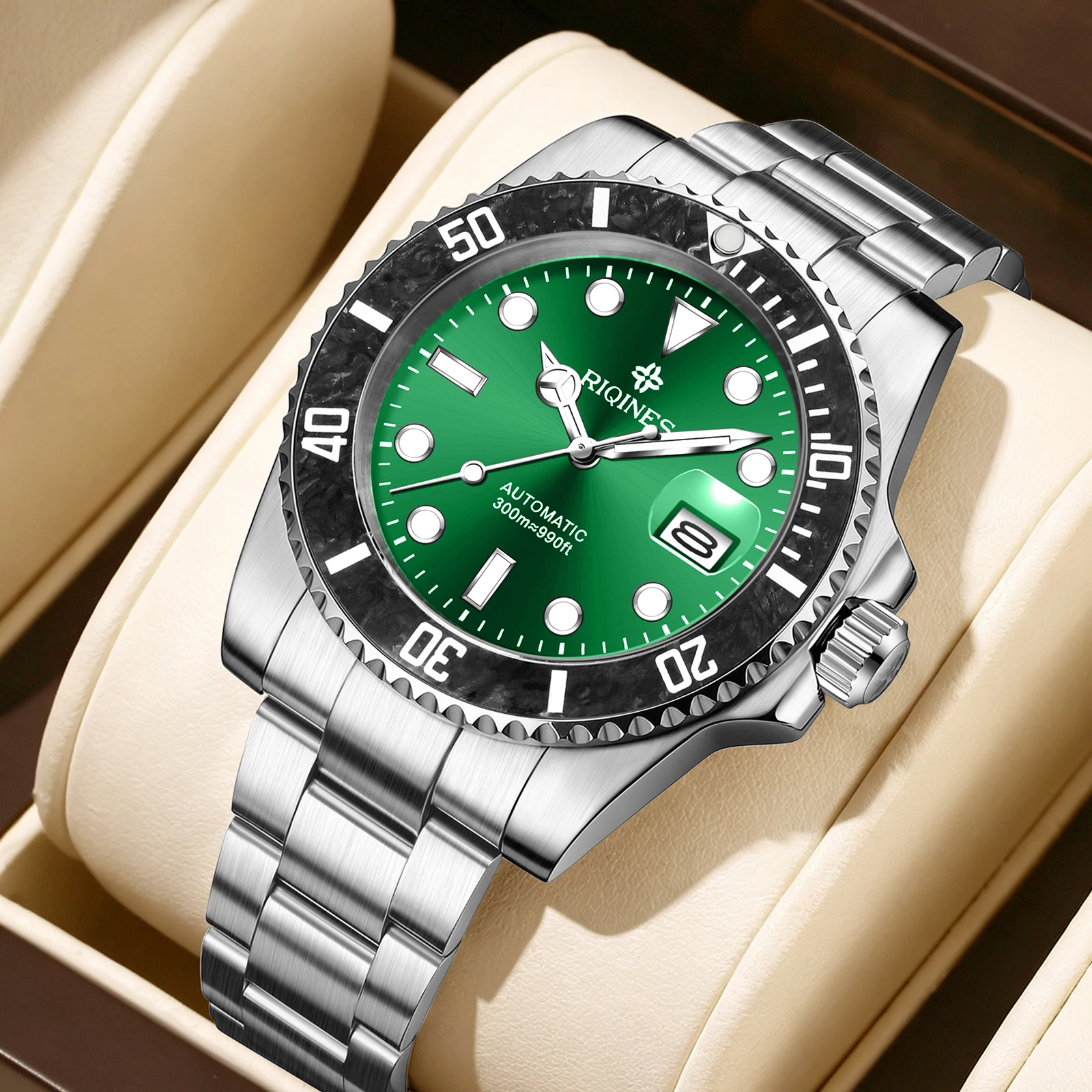 RIQINES luxury luminous men's fully automatic mechanical watch, imported movement from Meiyouda, stainless steel waterproof watc