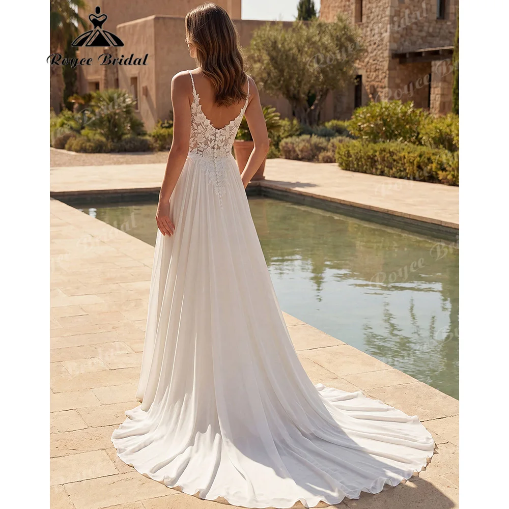 2027Spaghetti Straps A‑Line Wedding Dress Deep V Neck Floral Lace Chiffon High Slit Court Train Bohemian Bridal Gown Customized