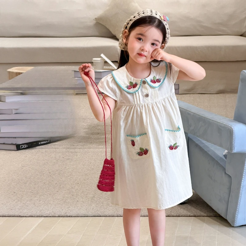 2026 Summer Hot Selling New Doll Collar Strawberry Cute Fresh Cotton Double-sided Pocket Dress