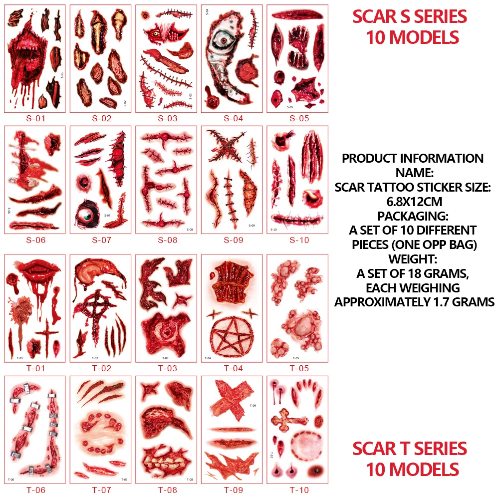 Zestaw 10 wodoodpornych naklejek tatuaży na Halloween, blizny, rany horroru, dla mężczyzn na imprezę, makijaż imprezowy, naklejki na twarz dla kobiet, festiwal, cosplay