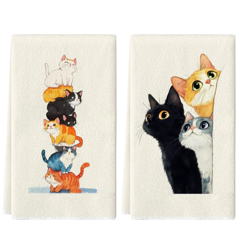 2Pcs, Stacked Cat + Probing Cat Kitchen Towels, 40Cm*60Cm Towel Set, Super Absorbent Soft Cleaning Cloth, Cooking and Baking Tea Towel, Hand Towel, Cleaning Cloth, Dishcloth, Kitchen Decoration, Living Room Decorations, Kitchen Essentials, Home Essentials